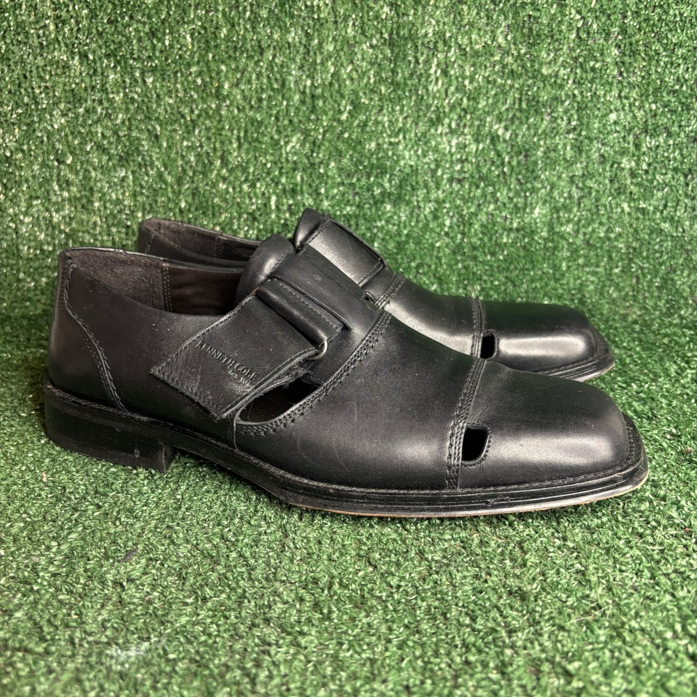 Kenneth Cole Real Leather Square Toe Cutout Hook Loop Dress Loafer Black Mens 8